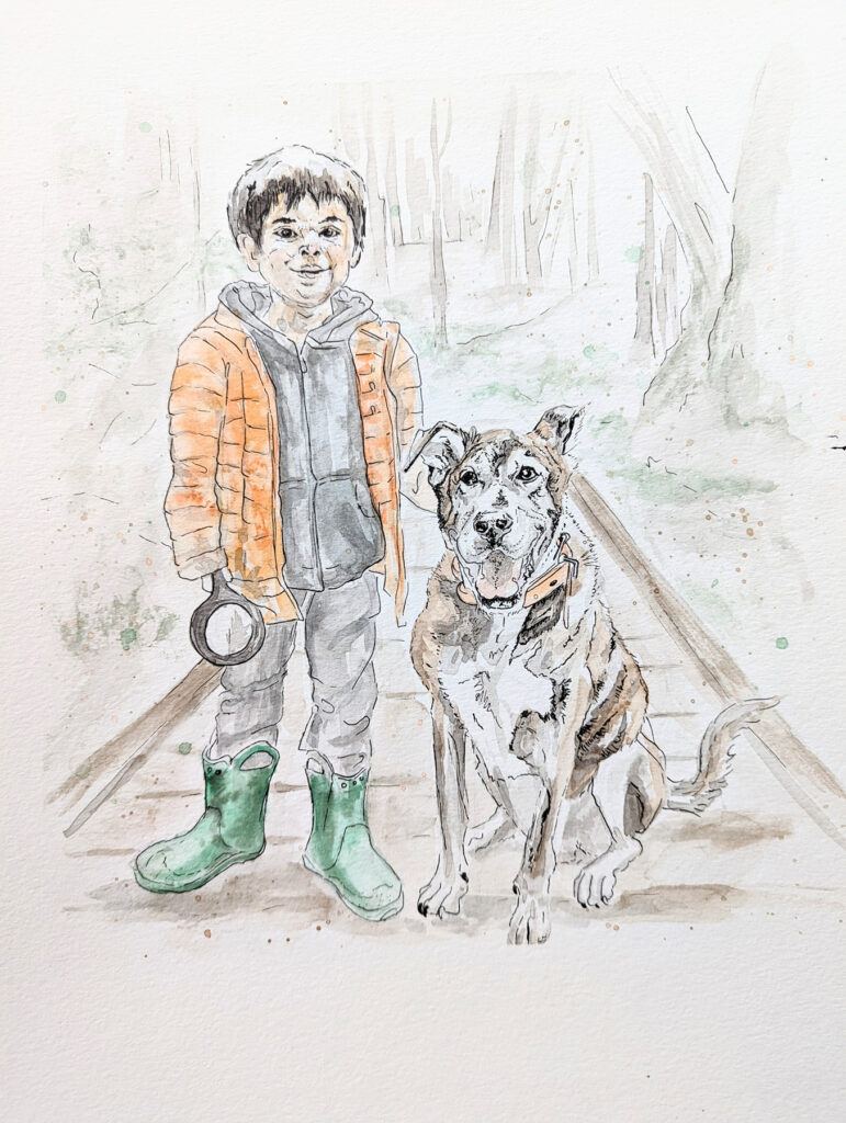 a boy and dog watercolor